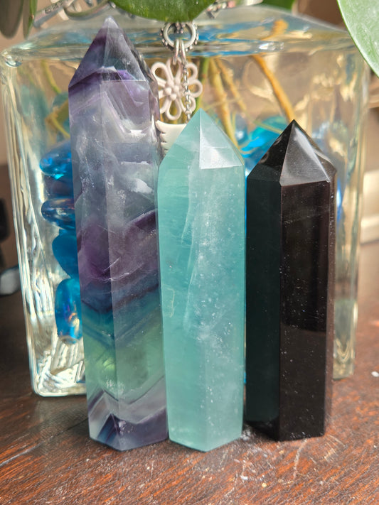 Bundle 8- Rainbow Fluorite, Baja Blast Fluorite, Black Obsidian-Misfit