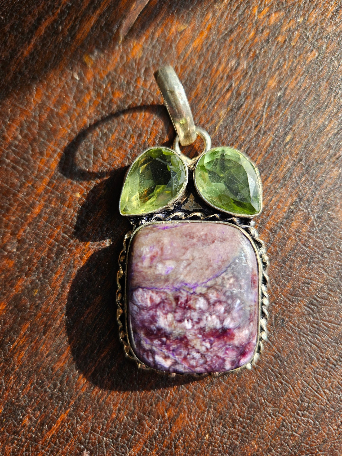 Charoite and Peridot Pendant 925