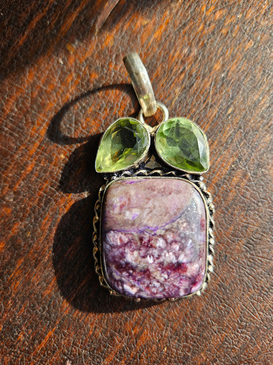 Charoite and Peridot Pendant 925