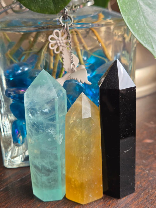 Bundle 7- Baja Blast Fluorite, Black Obsidian, Yellow Fluoirite- Misfit