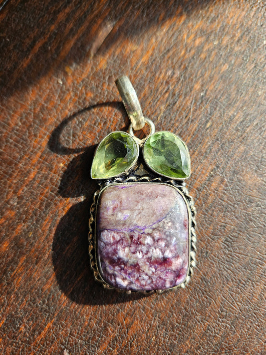 Charoite and Peridot Pendant 925